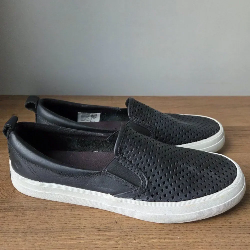 EUC SPERRY TOP SIDER BLACK GENUINE LEATHER UPPER PERFORATED SHOES SIZE 9 WOMENS
